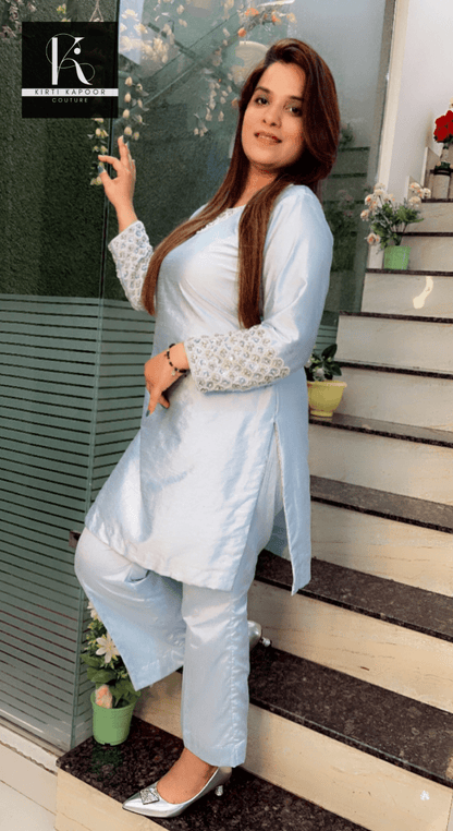 Blizzard Blue Hand - Embroidered Co - ord - Kirti Kapoor Couture