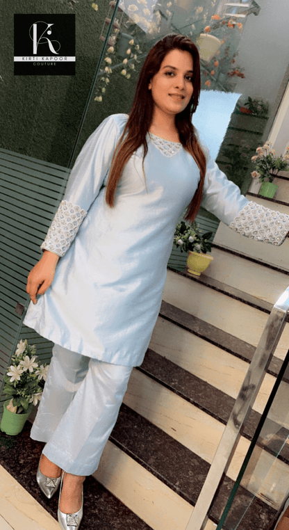 Blizzard Blue Hand - Embroidered Co - ord - Kirti Kapoor Couture