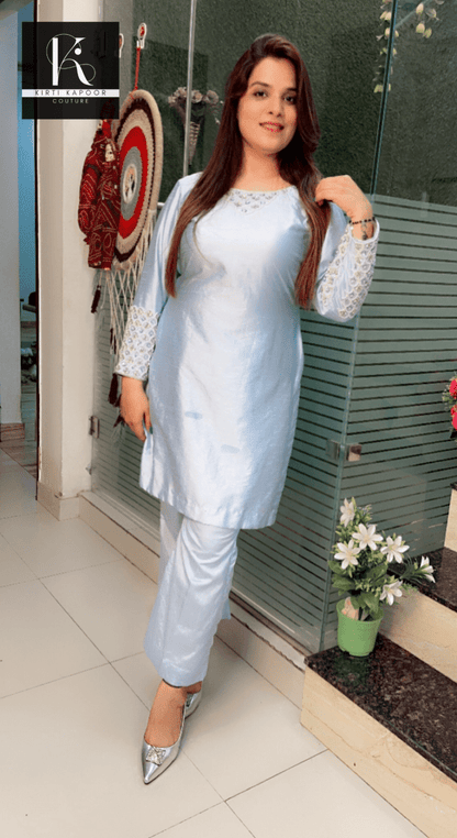 Blizzard Blue Hand - Embroidered Co - ord - Kirti Kapoor Couture