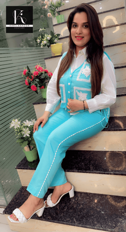 Blue and White Three - Piece Set (Patch - Work Highlights) - Kirti Kapoor Couture