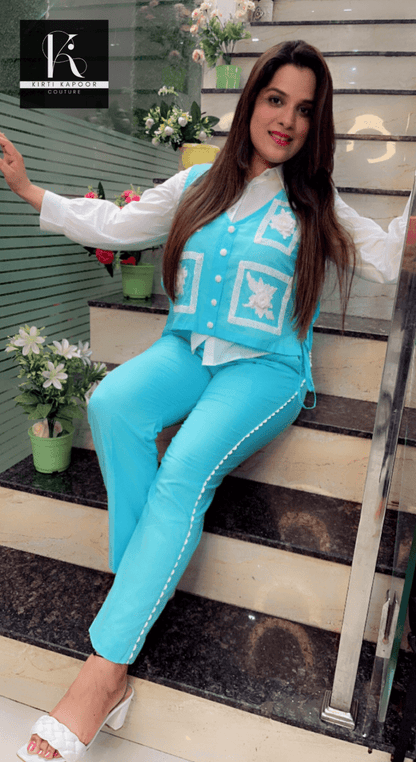 Blue and White Three - Piece Set (Patch - Work Highlights) - Kirti Kapoor Couture