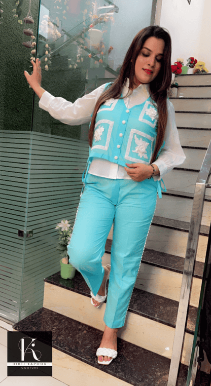 Blue and White Three - Piece Set (Patch - Work Highlights) - Kirti Kapoor Couture