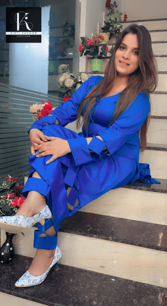 Blue Cotton Designer Shirt with Matching Pant - Kirti Kapoor Couture