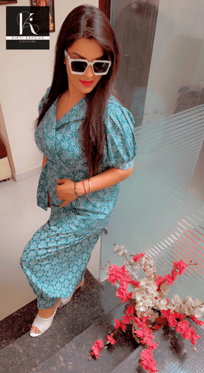 Blue Cotton Printed Co - ord Set [Summer Collection] - Kirti Kapoor Couture