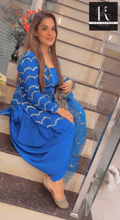 Blue Dhoti Suit With Embroidered Dupatta - Kirti Kapoor Couture