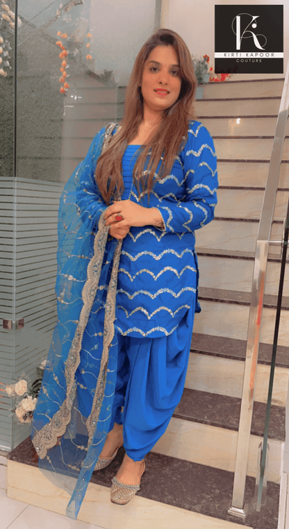 Blue Dhoti Suit With Embroidered Dupatta - Kirti Kapoor Couture