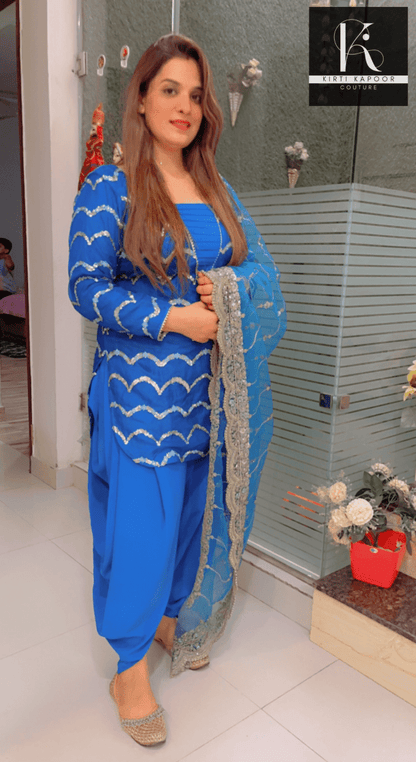 Blue Dhoti Suit With Embroidered Dupatta - Kirti Kapoor Couture