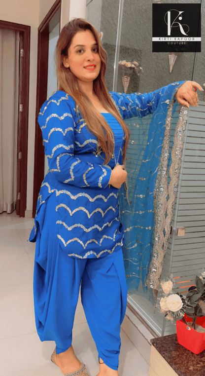 Blue Dhoti Suit With Embroidered Dupatta - Kirti Kapoor Couture