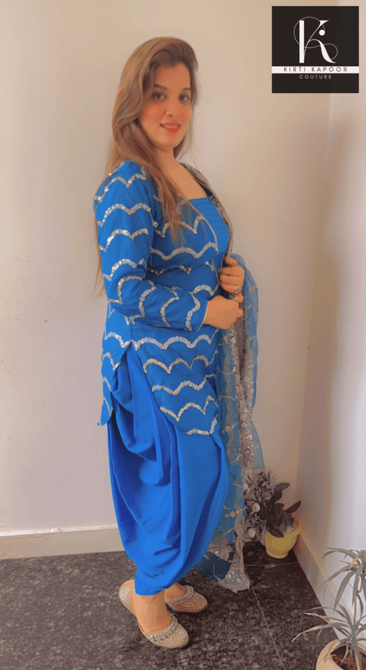 Blue Dhoti Suit With Embroidered Dupatta - Kirti Kapoor Couture