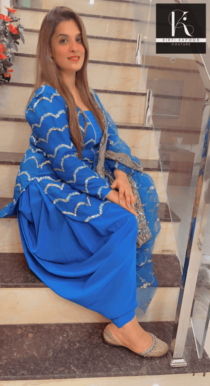 Blue Dhoti Suit With Embroidered Dupatta - Kirti Kapoor Couture