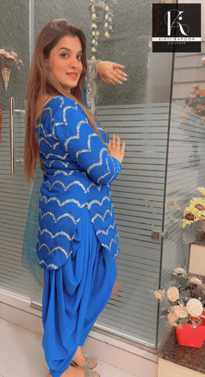 Blue Dhoti Suit With Embroidered Dupatta - Kirti Kapoor Couture