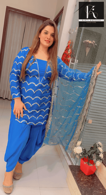 Blue Dhoti Suit With Embroidered Dupatta - Kirti Kapoor Couture