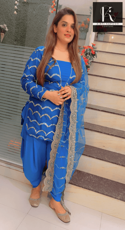 Blue Dhoti Suit With Embroidered Dupatta - Kirti Kapoor Couture