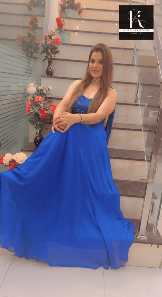 Blue Georgette Gown with Designer Dupatta - Kirti Kapoor Couture