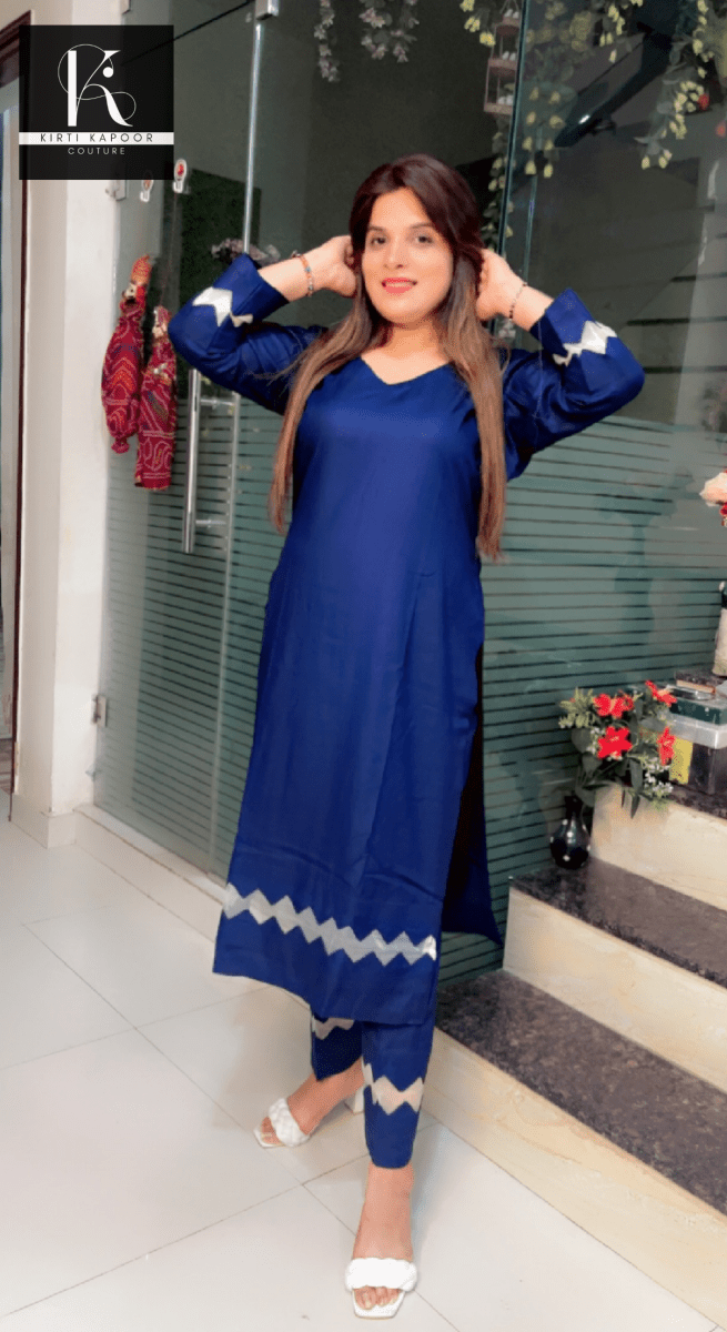Blue Kurti and Pant Set (Organza V - cut Designing) - Kirti Kapoor Couture