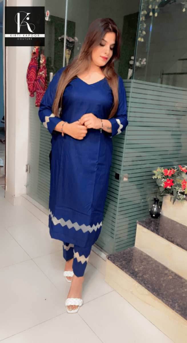 Blue Kurti and Pant Set (Organza V - cut Designing) - Kirti Kapoor Couture