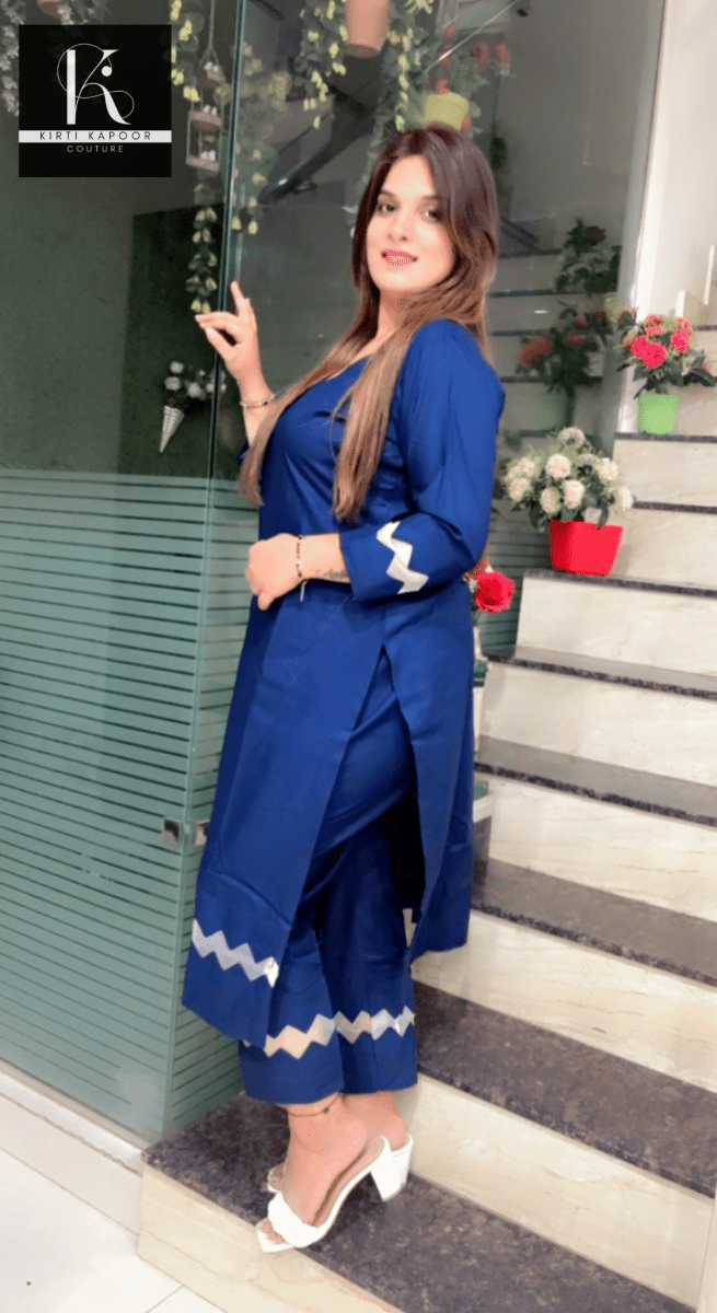 Blue Kurti and Pant Set (Organza V - cut Designing) - Kirti Kapoor Couture