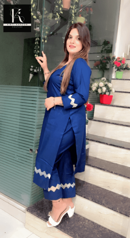 Blue Kurti and Pant Set (Organza V - cut Designing) - Kirti Kapoor Couture