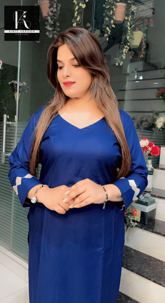 Blue Kurti and Pant Set (Organza V - cut Designing) - Kirti Kapoor Couture