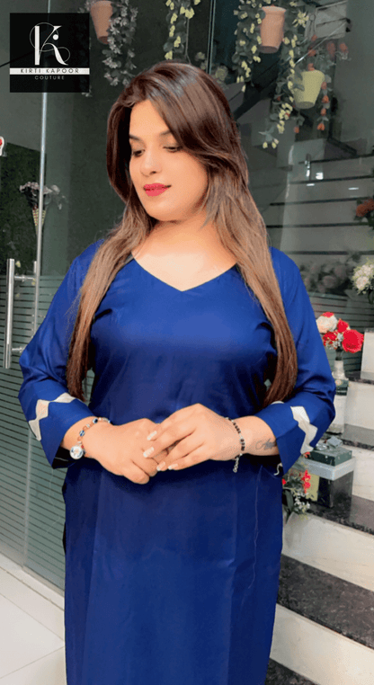 Blue Kurti and Pant Set (Organza V - cut Designing) - Kirti Kapoor Couture