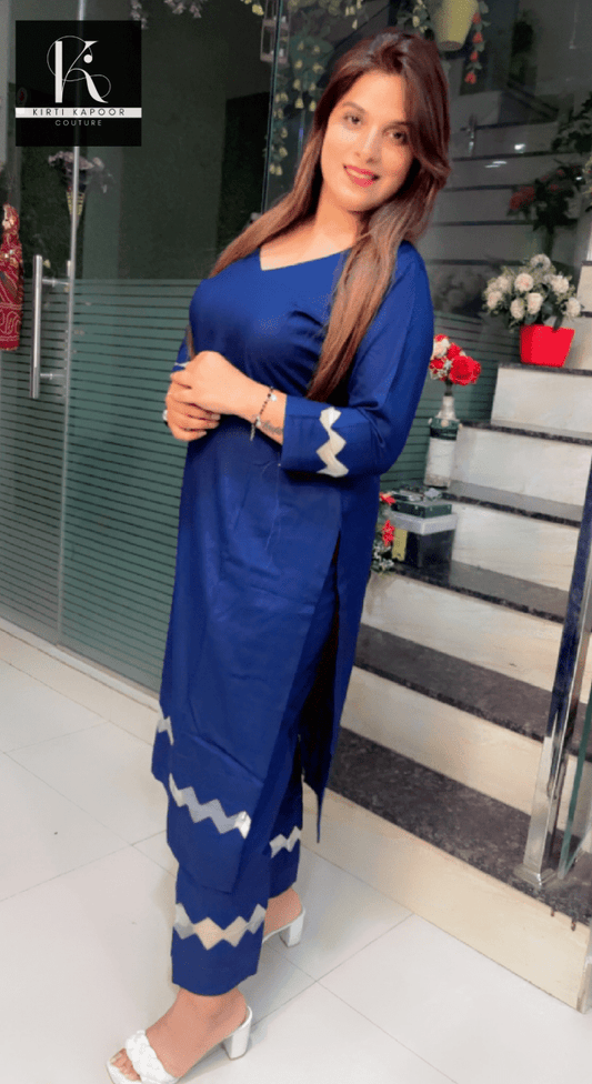 Blue Kurti and Pant Set (Organza V - cut Designing) - Kirti Kapoor Couture
