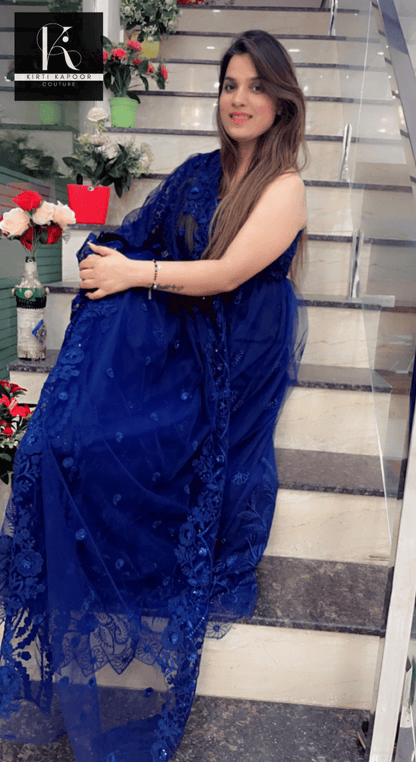 Blue One - Sided Gown with Cutwork Dupatta - Kirti Kapoor Couture