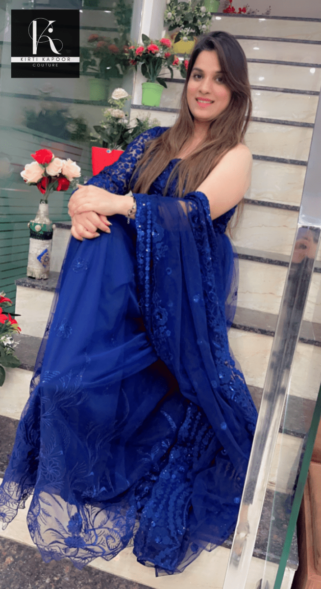 Blue One - Sided Gown with Cutwork Dupatta - Kirti Kapoor Couture