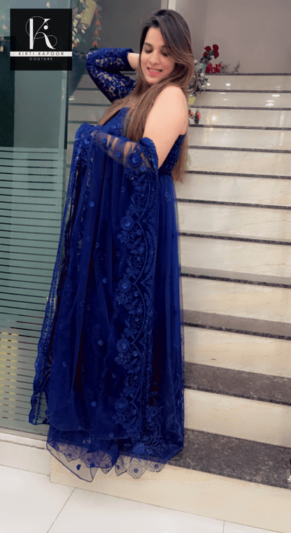 Blue One - Sided Gown with Cutwork Dupatta - Kirti Kapoor Couture