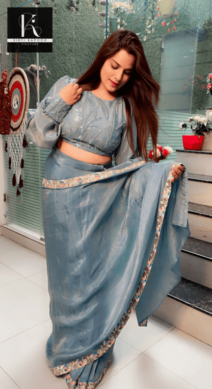Blue Shimmer Saree with Worked Designer Blouse - Kirti Kapoor Couture