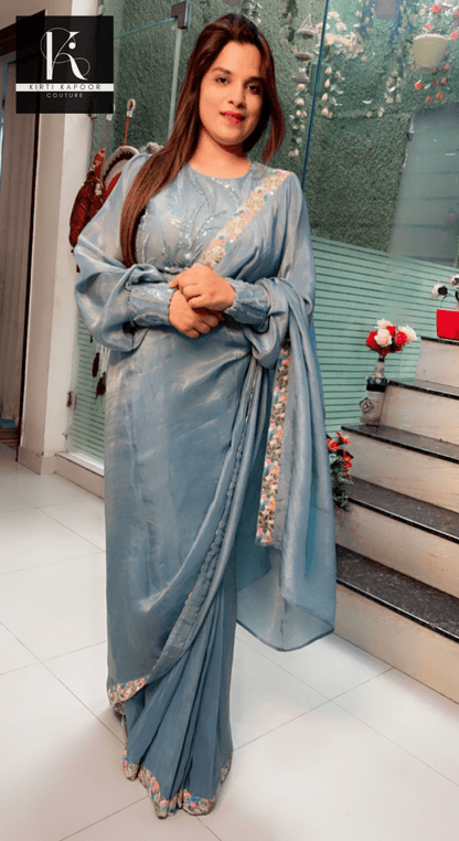 Blue Shimmer Saree with Worked Designer Blouse - Kirti Kapoor Couture
