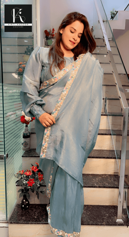 Blue Shimmer Saree with Worked Designer Blouse - Kirti Kapoor Couture