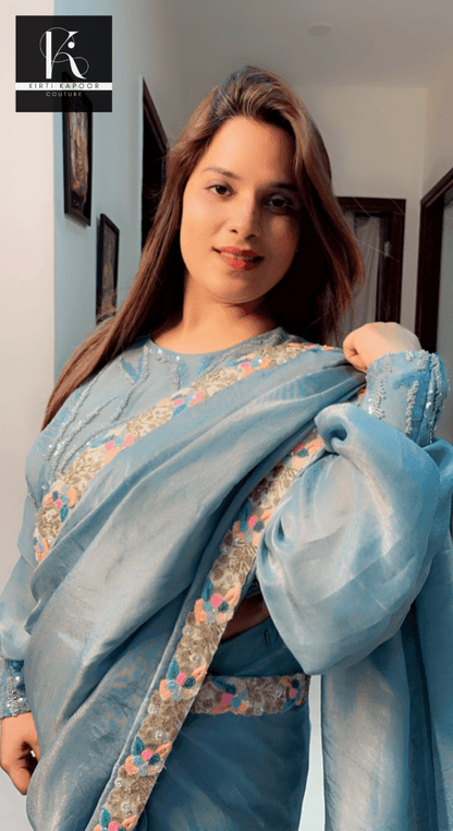 Blue Shimmer Saree with Worked Designer Blouse - Kirti Kapoor Couture