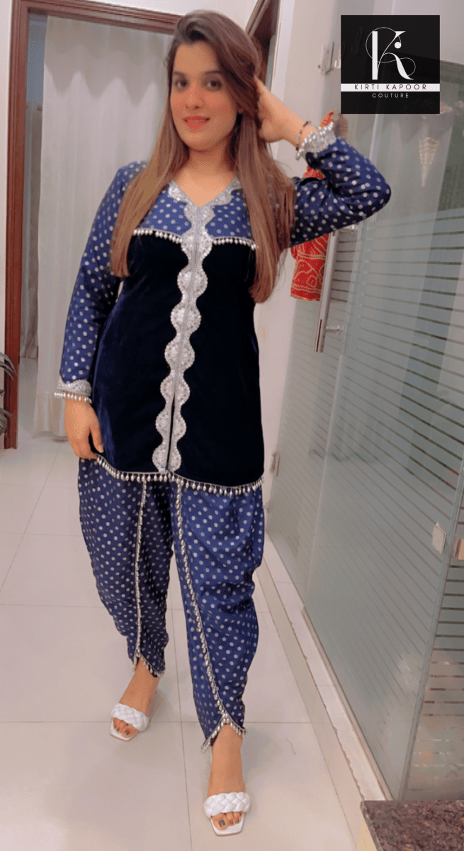 Blue Velvet Co - ord with Brocade Tulip Dhoti - Kirti Kapoor Couture