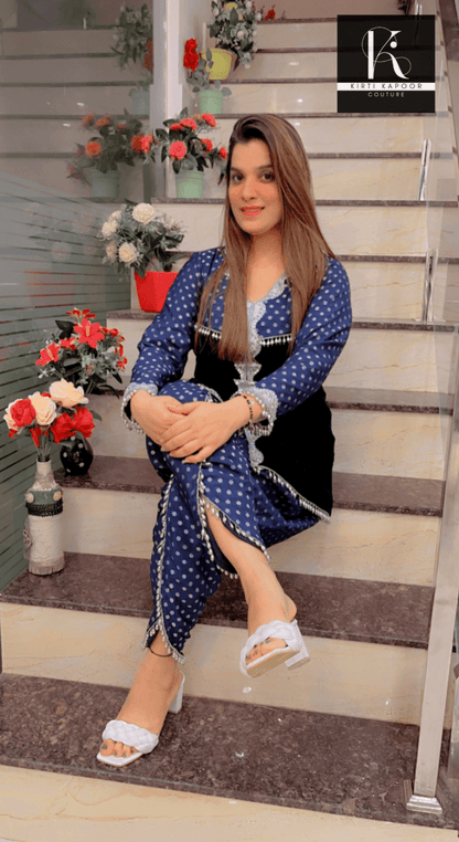 Blue Velvet Co - ord with Brocade Tulip Dhoti - Kirti Kapoor Couture