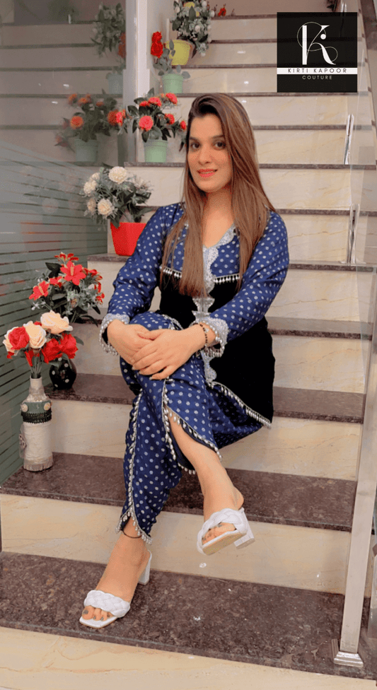 Blue Velvet Co - ord with Brocade Tulip Dhoti - Kirti Kapoor Couture