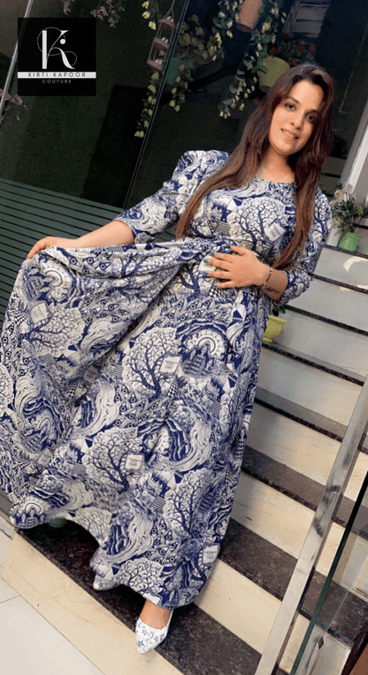 Blue - White Modish Rayon Printing Dress - Kirti Kapoor Couture