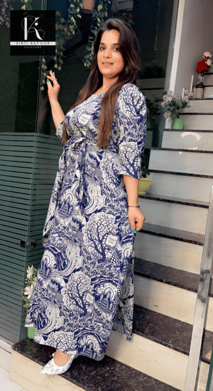 Blue - White Modish Rayon Printing Dress - Kirti Kapoor Couture