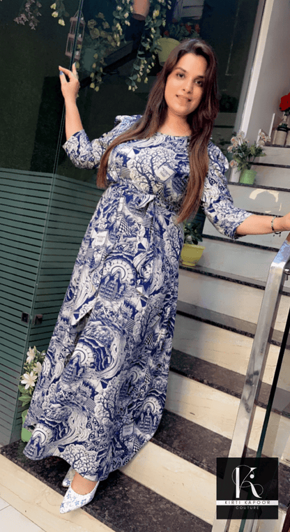 Blue - White Modish Rayon Printing Dress - Kirti Kapoor Couture