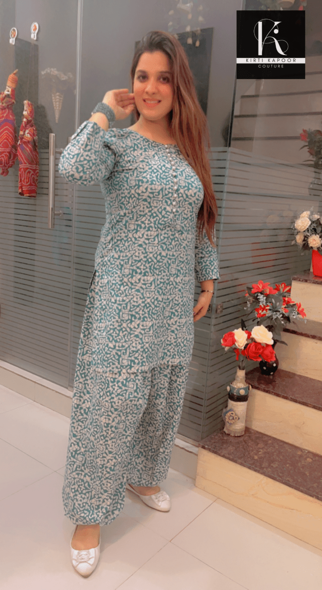 Blue - White Printed Co - ord with Harem Salwar - Kirti Kapoor Couture