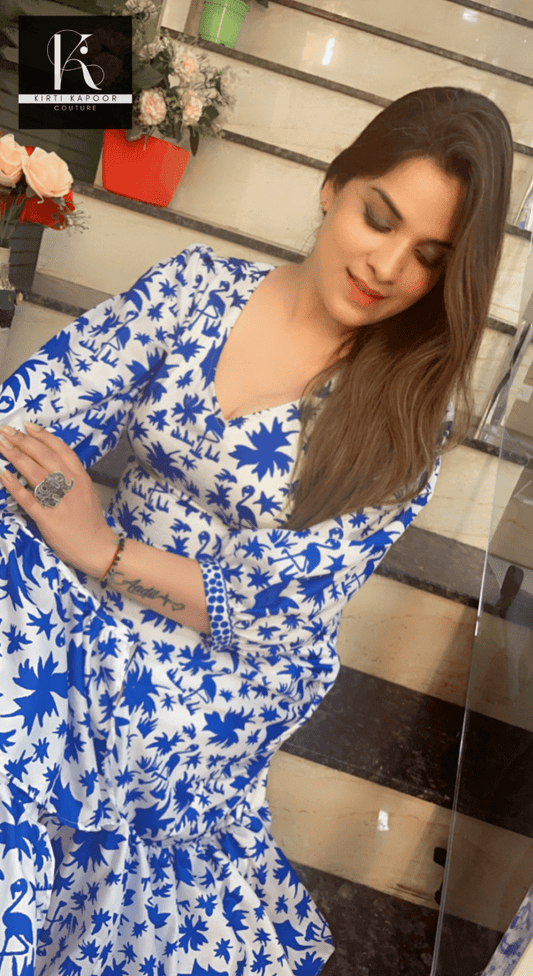 Blue - White Printed Summer Gown - Kirti Kapoor Couture