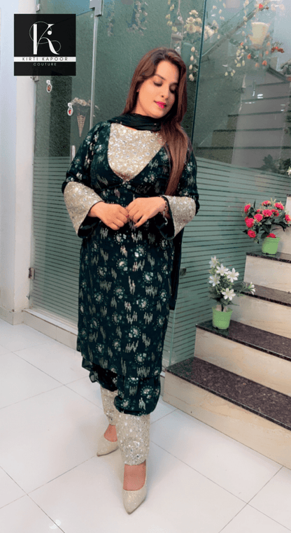 Bottle Green Georgette Four - Piece Suit - Kirti Kapoor Couture