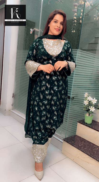 Bottle Green Georgette Four - Piece Suit - Kirti Kapoor Couture