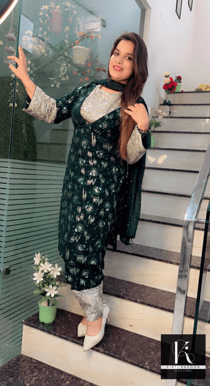 Bottle Green Georgette Four - Piece Suit - Kirti Kapoor Couture
