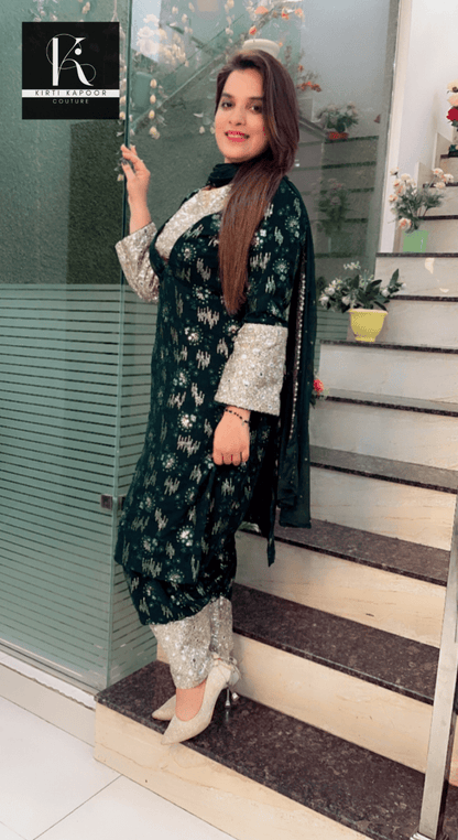 Bottle Green Georgette Four - Piece Suit - Kirti Kapoor Couture