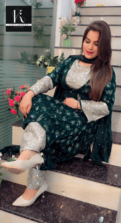 Bottle Green Georgette Four - Piece Suit - Kirti Kapoor Couture