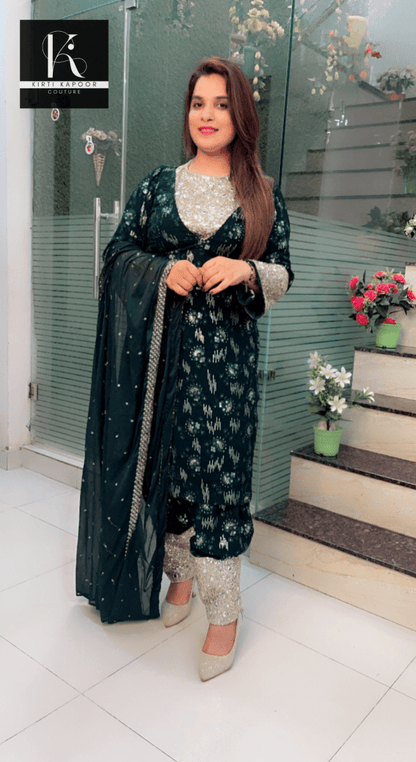 Bottle Green Georgette Four - Piece Suit - Kirti Kapoor Couture