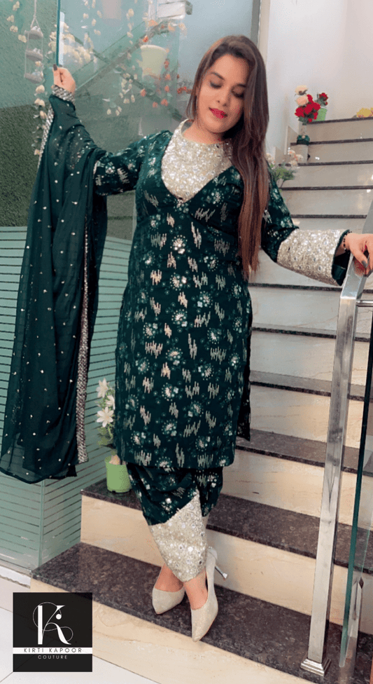 Bottle Green Georgette Four - Piece Suit - Kirti Kapoor Couture
