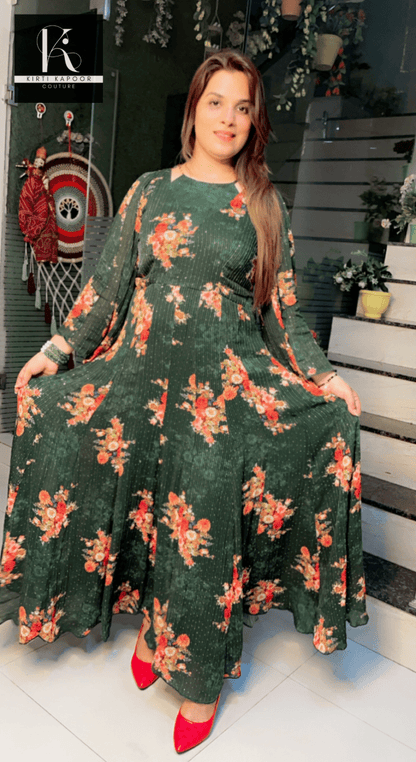 Bottle Green Georgette Printed Sequence Gown - Kirti Kapoor Couture