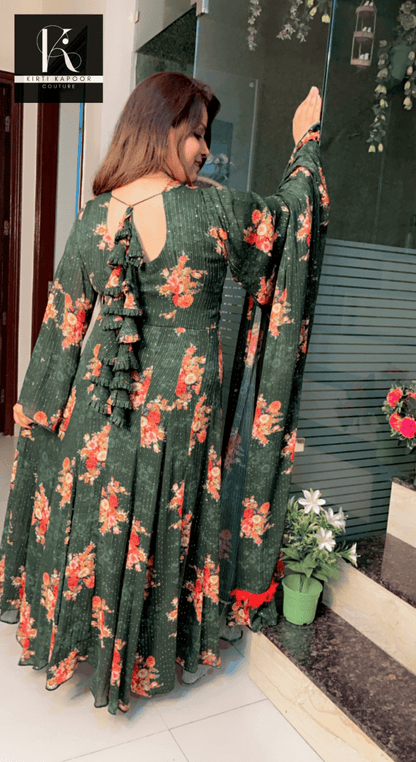 Bottle Green Georgette Printed Sequence Gown - Kirti Kapoor Couture