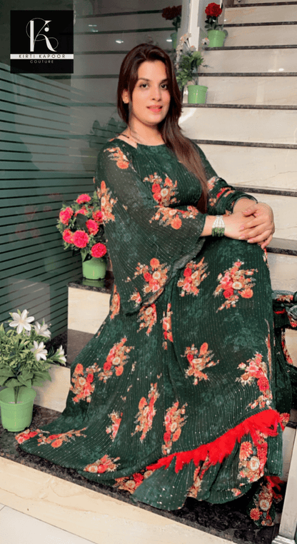 Bottle Green Georgette Printed Sequence Gown - Kirti Kapoor Couture